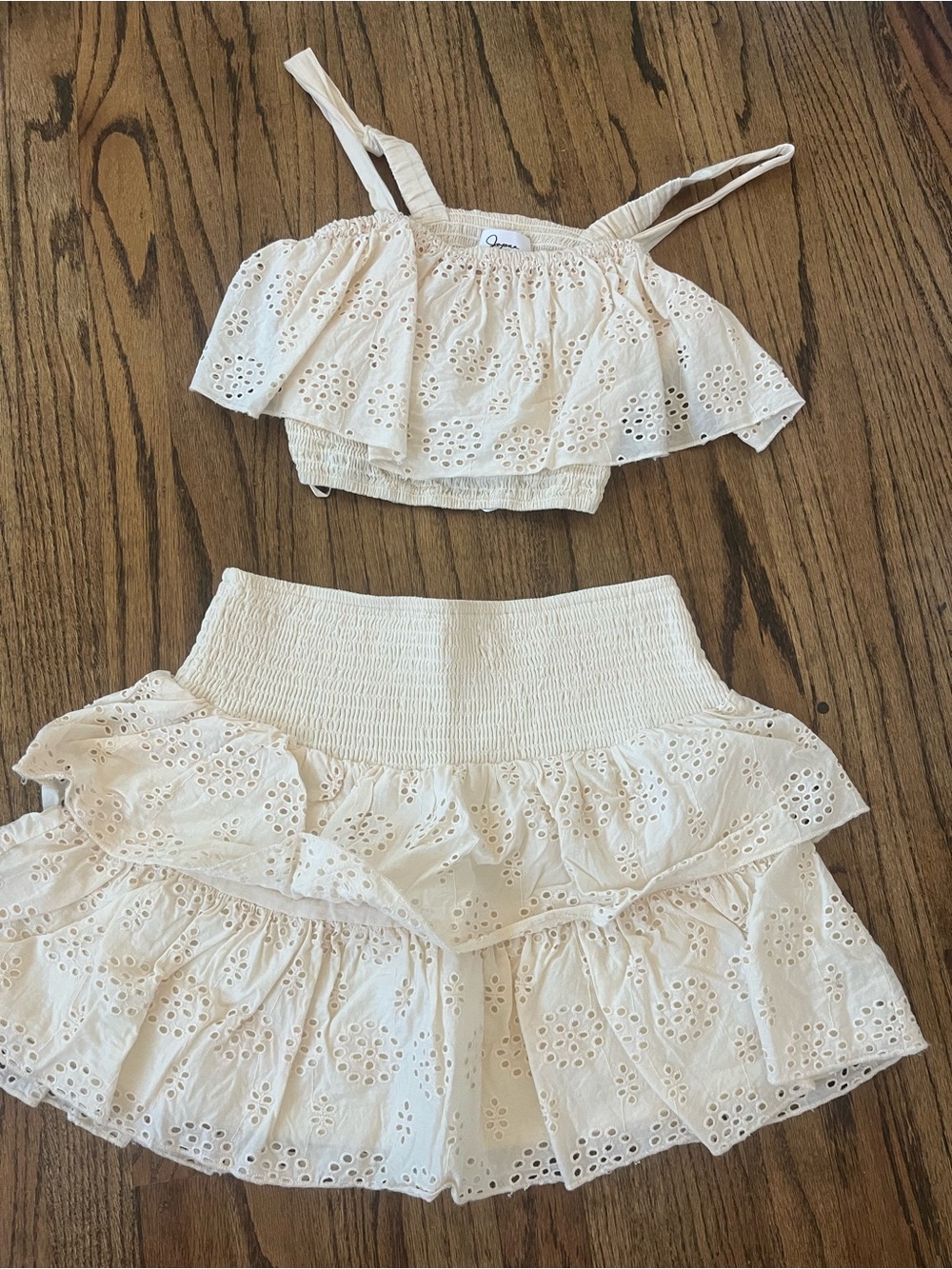 🌸Japna Cream Eyelet Ruffle Mini Dress Set